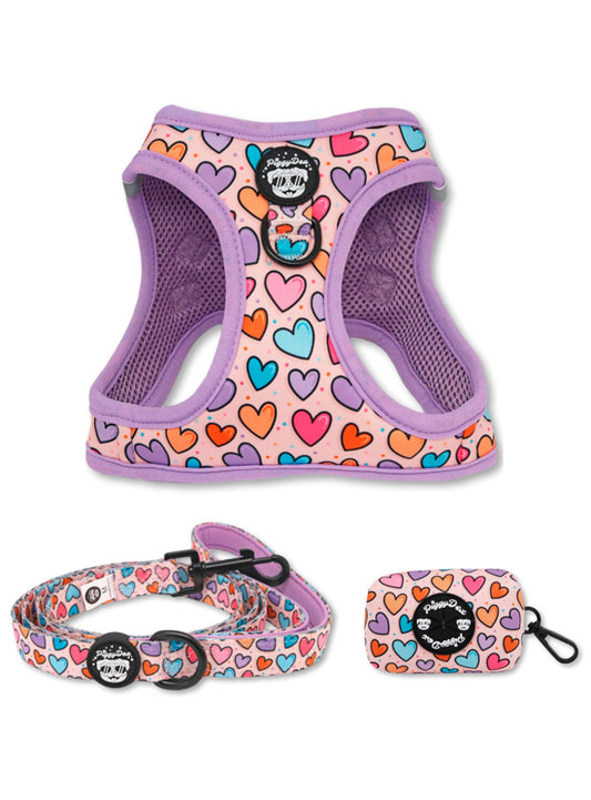 Pack step-in harness + leash + poopbag holder HEARTS