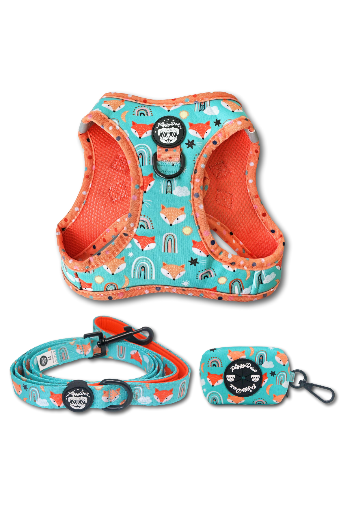 Step-in harness + leash + poopbag holder FOX & RAINBOWS