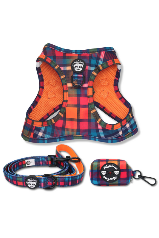 Step-in harness + leash + poopbag holder TARTAN POP