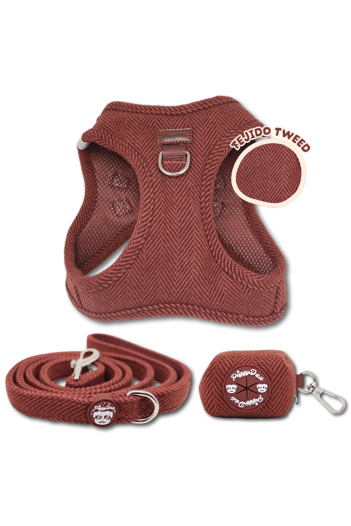 Step-in harness + leash + poopbag holder TWEED