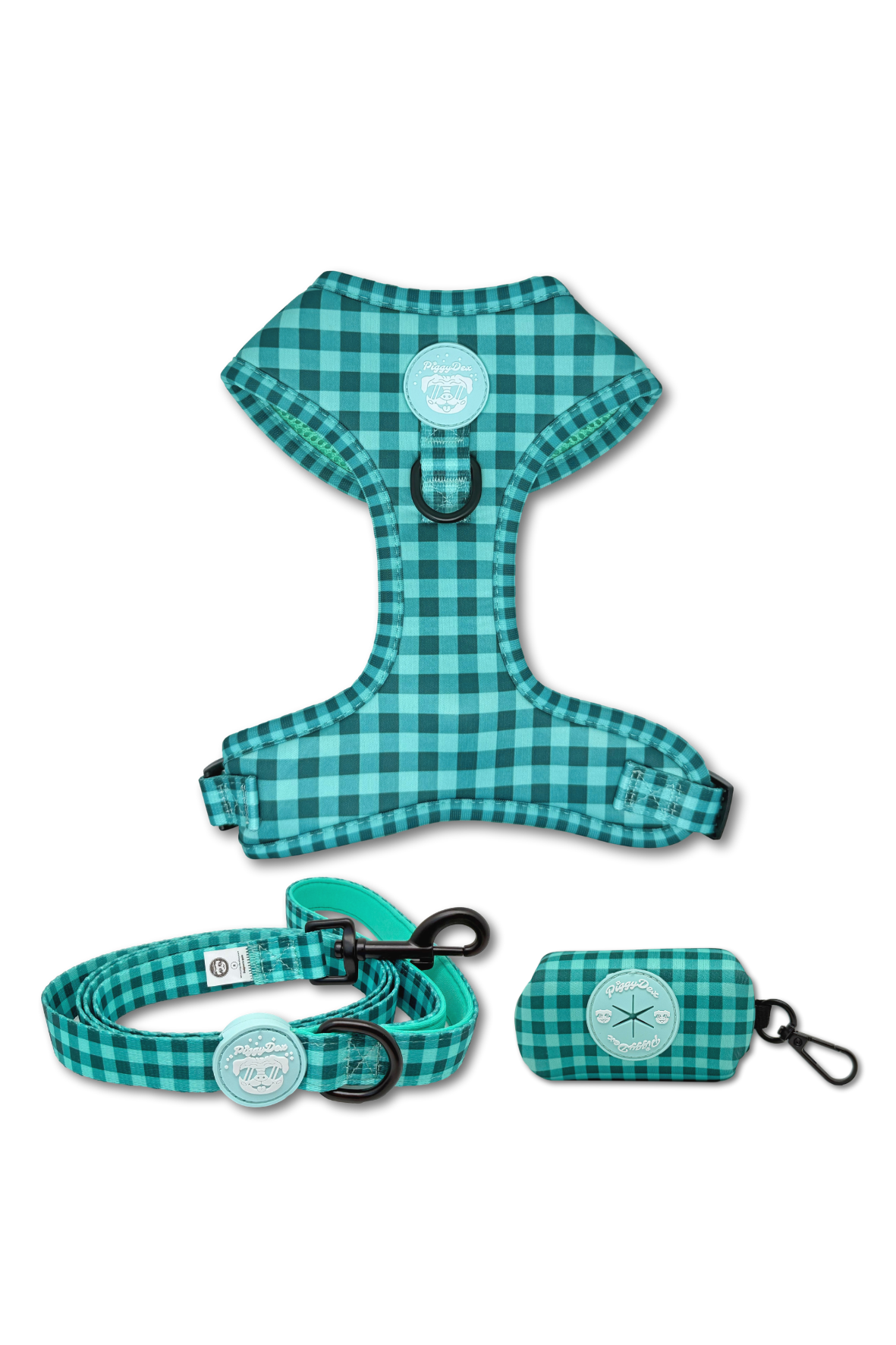 Pack arnés + correa + portabolsas VICHY AQUA